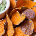Crispy Baked Sweet Potato Chips Paired with Creamy Guacamole