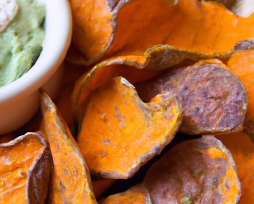 Crispy Baked Sweet Potato Chips Paired with Creamy Guacamole