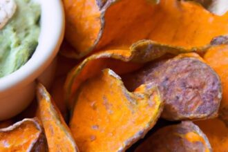 Crispy Baked Sweet Potato Chips Paired with Creamy Guacamole
