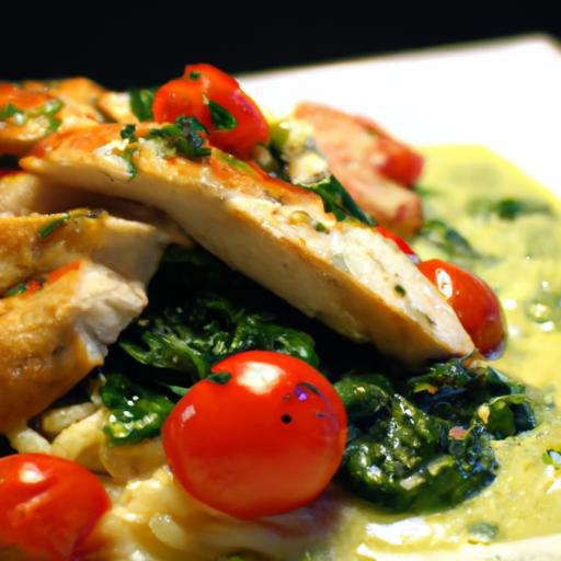 Creamy Pesto Chicken with Roasted Tomatoes & Spinach Delight